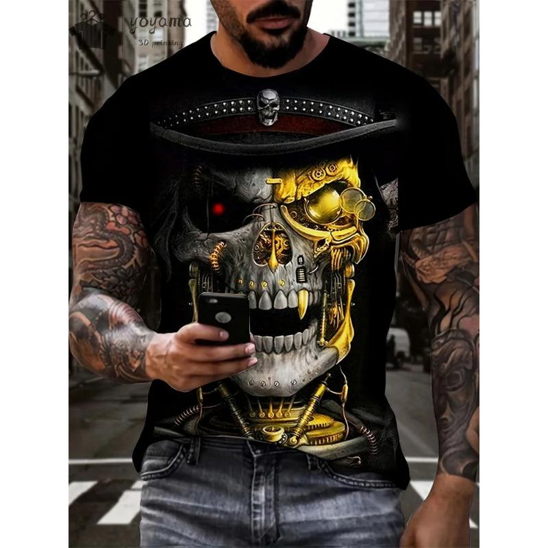 Hot Selling Summer Men's Halloween Horror Skull Print Comfortable and Breathable Round Neck T-shirt Outdoor Casual Party Top