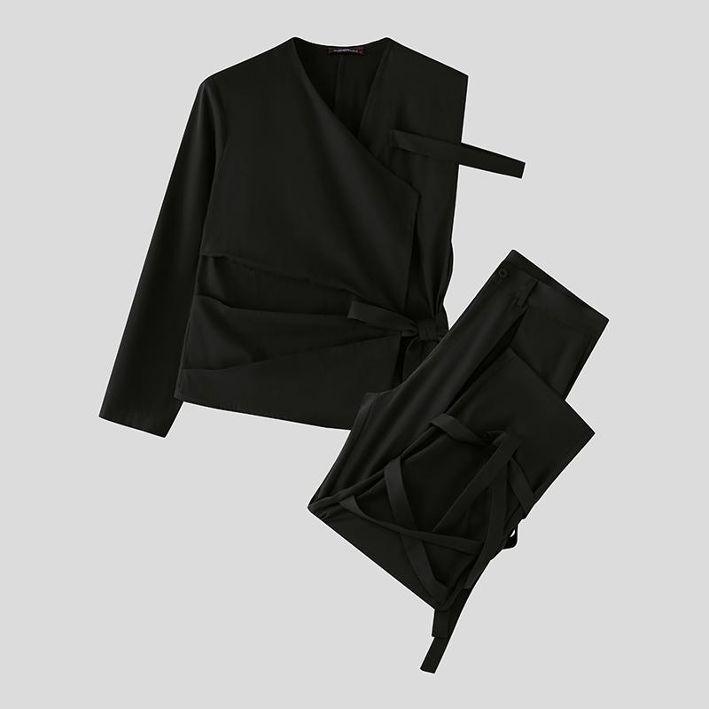 INCERUN Two Pieces Outfits Men One Shoulder Shirt Long Bandage Harem Pants Sets