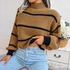 Striped Half High Collar Sweater Lantern Sleeve Knitted Pullover Women's Casual Top Thickened Warm Comfortable Autumn and Winter