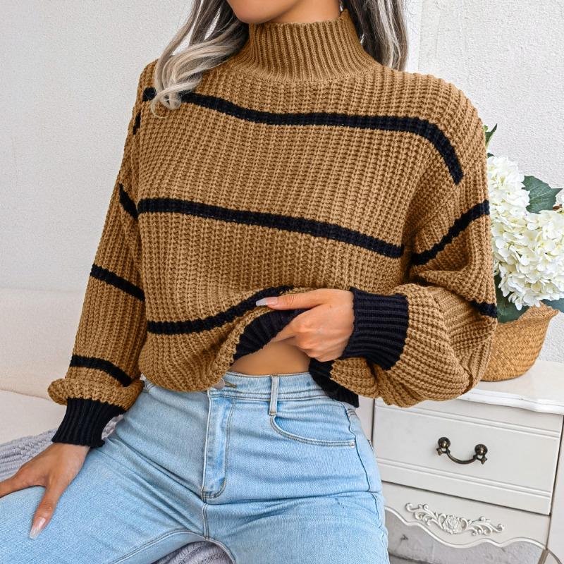 Striped Half High Collar Sweater Lantern Sleeve Knitted Pullover Women's Casual Top Thickened Warm Comfortable Autumn and Winter