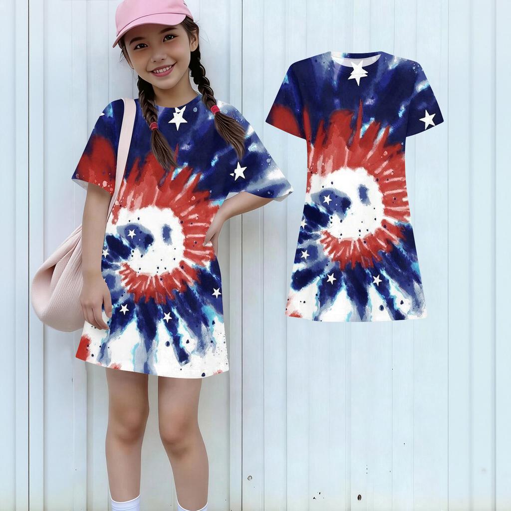 Girls Independence Day Print Casual Dress Kids Loose Round Neck Short Sleeve Thin Sundress