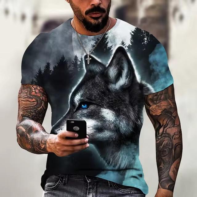 Summer Round Neck 3D Wolf Print Top Fashionable Casual Short Sleeved Men's T-shirts