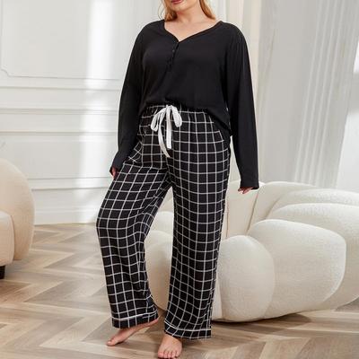 Plus Size Pyjamas Damen Frühling Herbst und Winter V-Ausschnitt Langarm Homewear Anzug