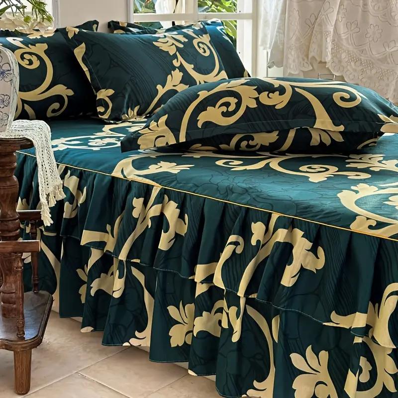 Letní Nový Zelený Květinový Vzor Retro Styl Sada Postelové Sukně 3ks Pohodlné Ložní Prádlo Luxusní Princeznovské Sukně Protiskluzová Postelová Sukně 1ks+1ks Povlaky na Polštáře