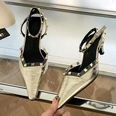 Fashion Gold Silver Rivet Designer High Heels Women Sexy Pointed Toe Leather Pattern Women Pumps Slingbacks Heeled Sandals Party Shoes