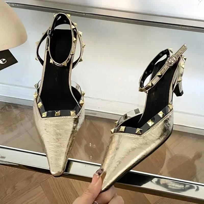 Fashion Gold Silver Rivet Designer High Heels Women Sexy Pointed Toe Leather Pattern Women Pumps Slingbacks Heeled Sandals Party Shoes