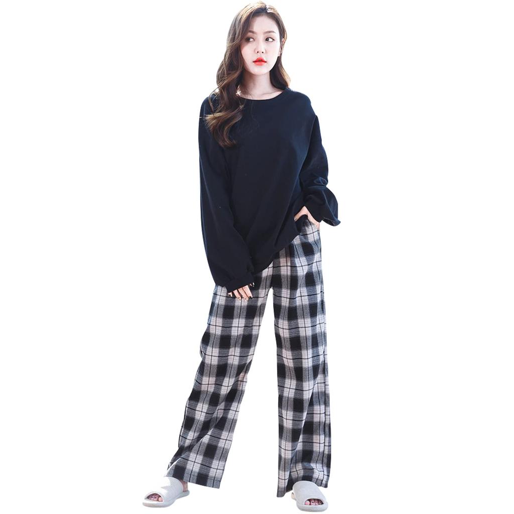 Mskikefly Loungewear Top Long Comfortable Comfortable for Sports and Comfortable Cotton Black Women's Pajamas, 2-Piece Set, & Pants, Sleeve,