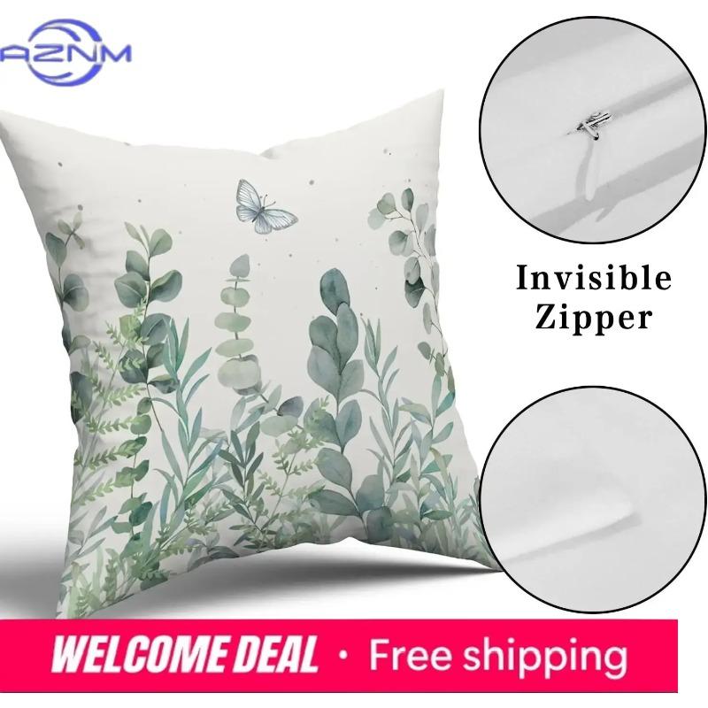 Eucalyptus Leaves Cushion Covers 18X18 Inch Set Of 2 Sage Green Leaf Butterfly Pillow Cases Spring Summer Floral Pillow Covers