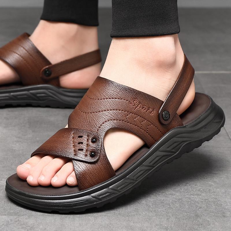 Casual Sandals for Men Summer Super Fiber Leather Casual Beach Shoes with Latex Pads for Outer Wear, Non Slip Middle Aged