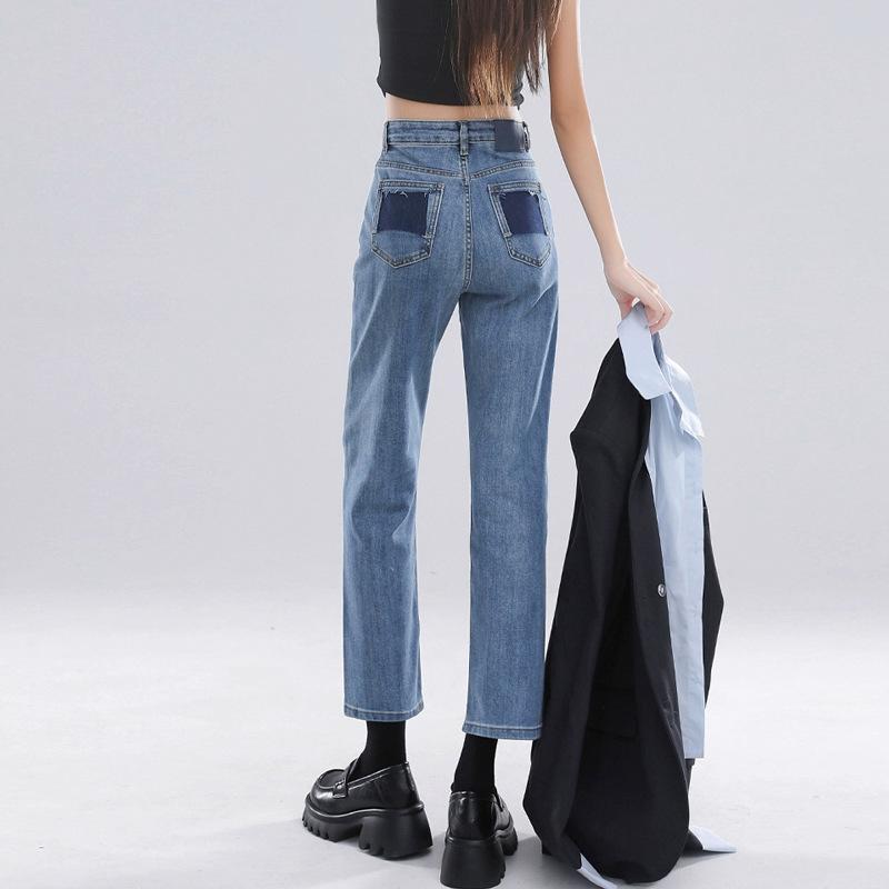 Elastic Straight Jeans Contrasting Pocket Design Leather Brand High Waist Nine Points Pear Shape Slim Commuter Pipe Pants Children
