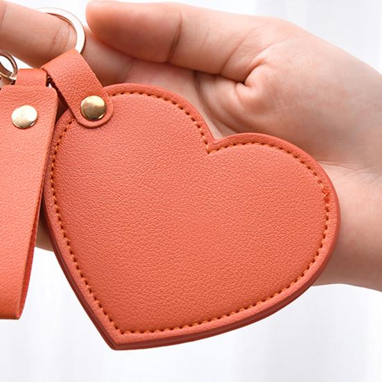 Love Heart Shape Makeup Mirror Waterproof Faux Leather Vanity Mirror Keychain Portable Travel Women Handheld Cosmetic Mirror Bag Pendant