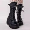 Fashion New Mid Calf Boots Wedge Knight Boots Buffalo London Shoes Platform Woman Fashion Lace-up Ladies Chelsea Zipper Botas Size 43