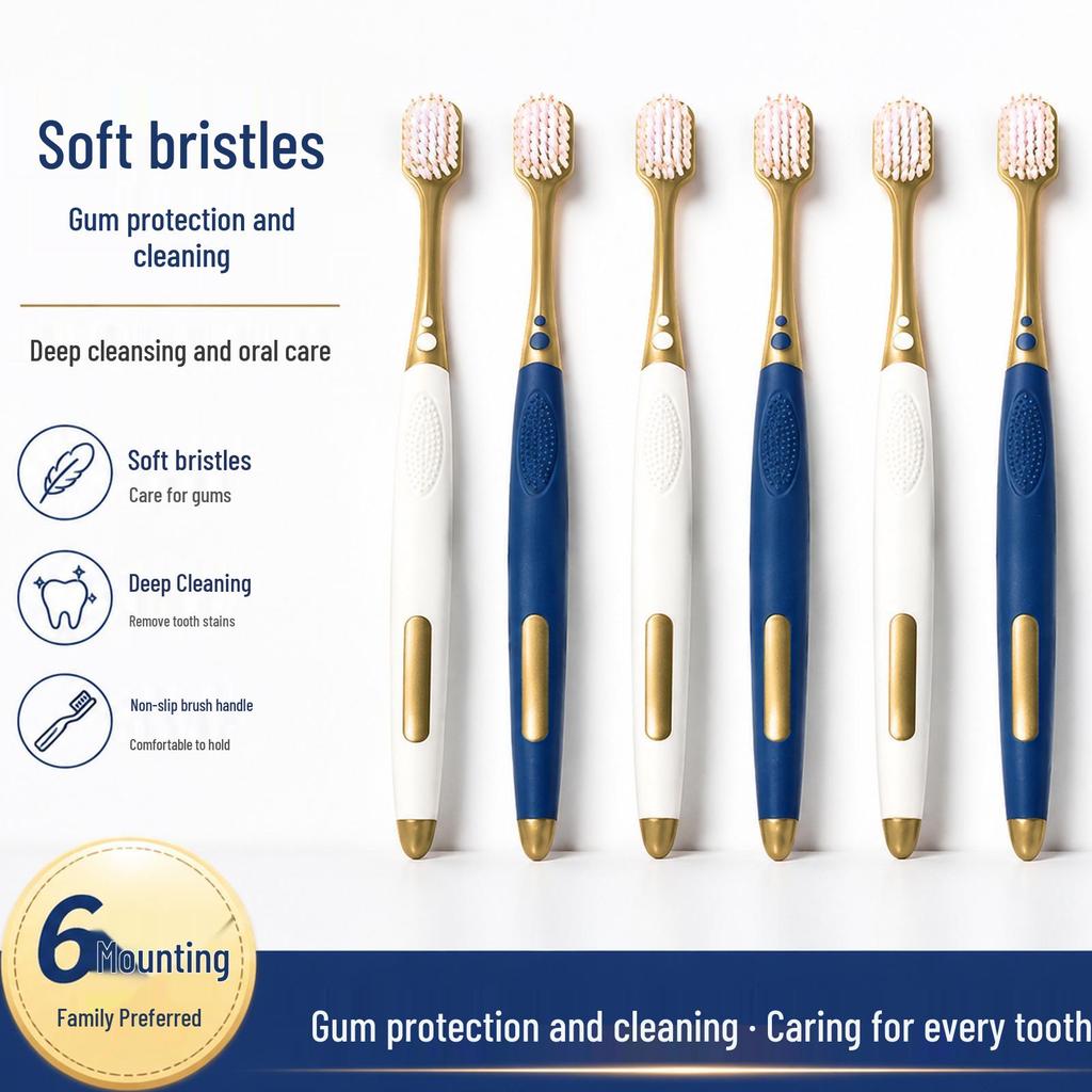 Premium Soft Bristle Toothbrush Set - 6-Pack Family Edition with Wide Head and Fine Bristles for Adults
