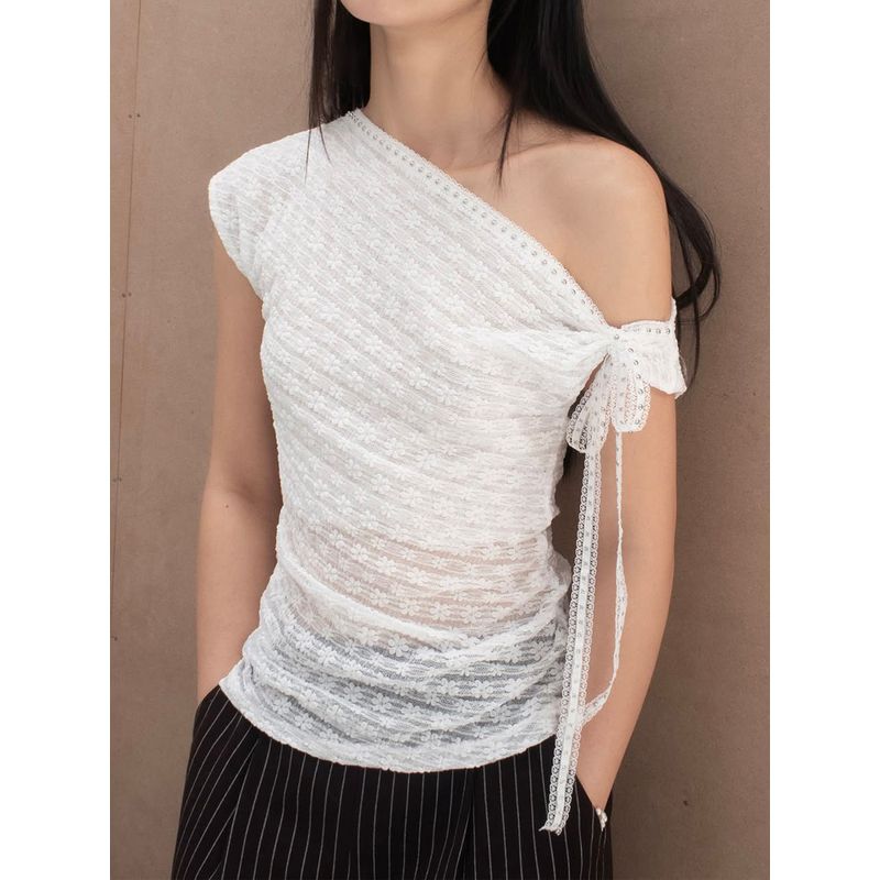 H Home European and American Women clothes French style Pure Desire Transparent Lace Sloping Shoulder Top Niche Leisure Solid Lace-up Short t-shirt
