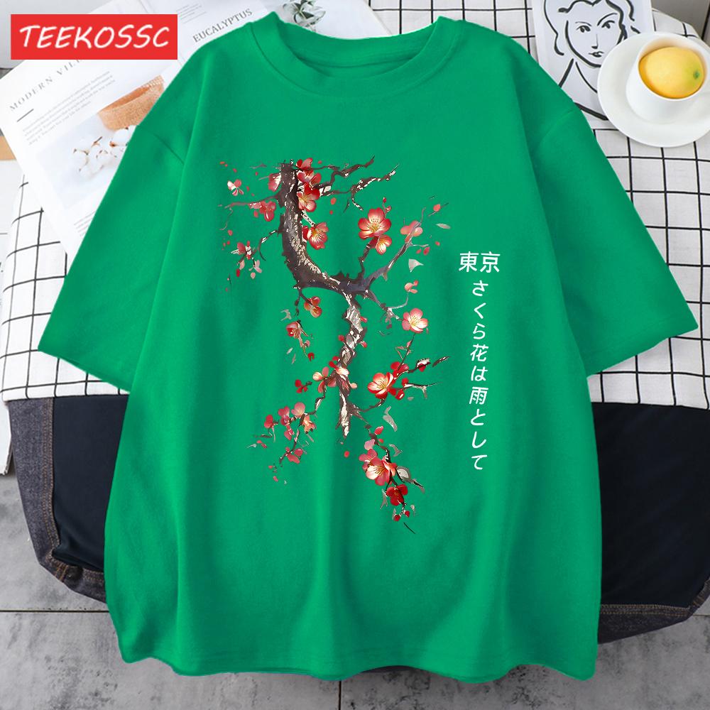 Cherry Blossoms And Rain In Tokyo Men Retro TShirt Casual Cotton Tee Loose Hip Hop Clothes Male ONeck Comfortable Short Sleeve