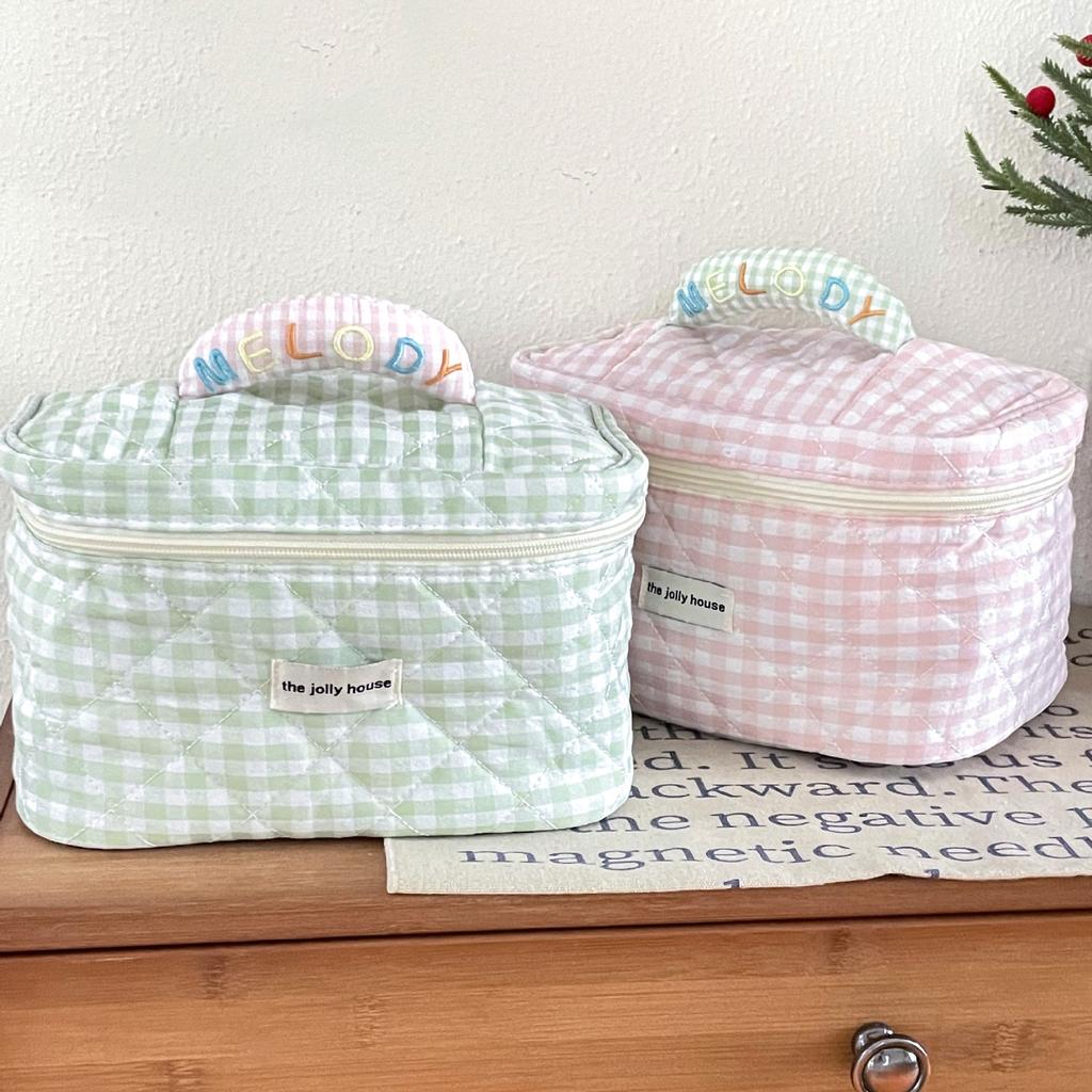 YT Soft and Portable Quilted Handheld Toiletry Bag, Small Handbag, Miscellaneous Storage Bag, Bubu Pink and Green Plaid Makeup B