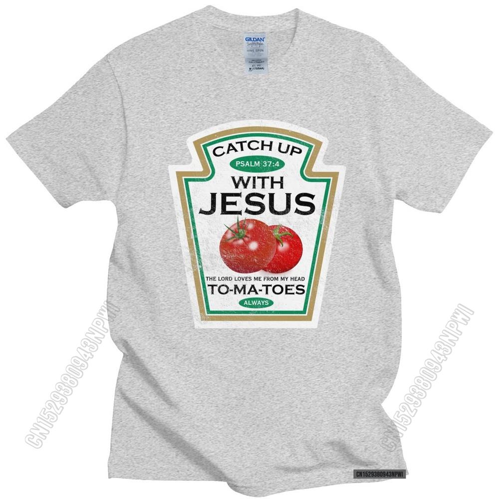 Lustiges Catch Up With Jesus T-Shirt Herren Vintage Vegan Tomaten T-Shirt Christliches Geschenk Veganismus O-Ausschnitt Baumwoll-T-Shirt Merchandise