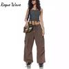 RogueWave Retro Solid Loose Drawstring Trousers Casual Joggers Baggy Wide Leg Sweatpants Mid Waist Sporty Y2k Pants Unisex