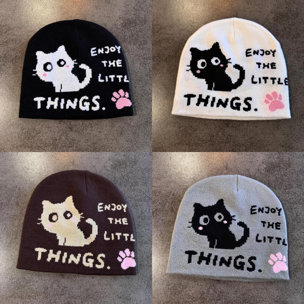 Cat Pattern Letter Embroidery High Top Knit Cap For Autumn Winter Fashion