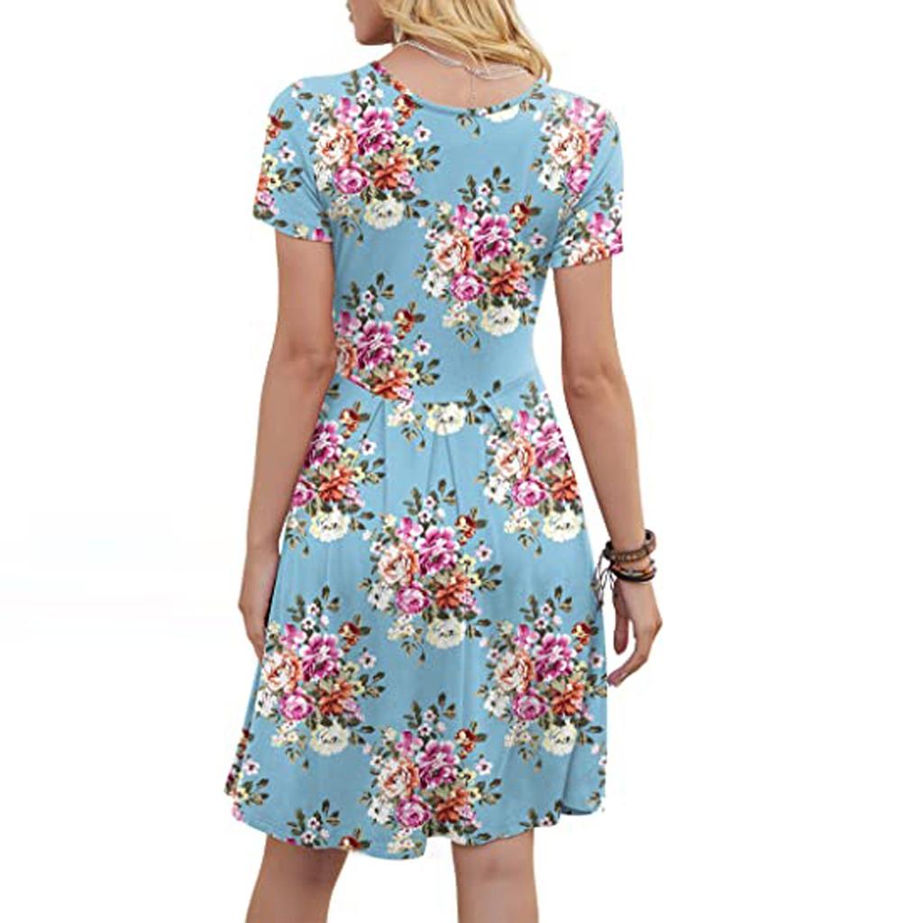 Women's Fashion Prints Pleated Loose With Pockets Round-Neck Leisure Dress