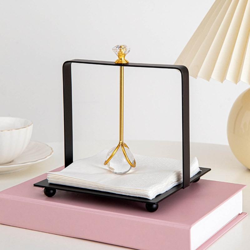 Desktop Tissue Holder Wrought Iron Crystal Ball Tissue Box Ornaments Restaurant Square Base Tissue Organizer for Room