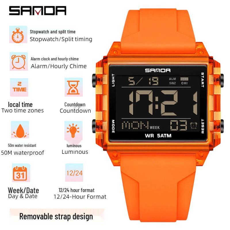 Sanda Dual Time Waterproof Transparent Sports Wristwatch with Colorful Single Display and Student Timer Function