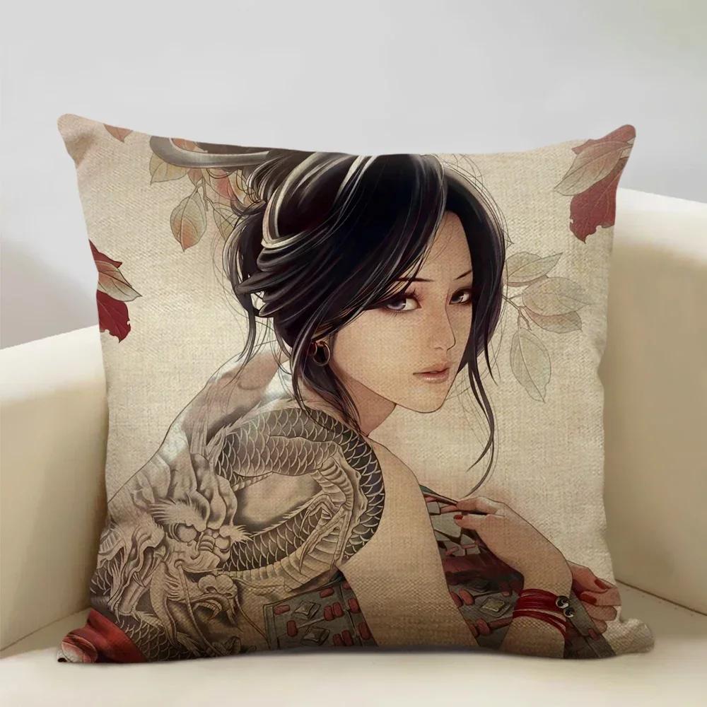 Classic Japanese Lady Decorative Cushion Cover Living Room Sofa Pillow Case 45x45cm Linen Pillowcase Home Art Decor