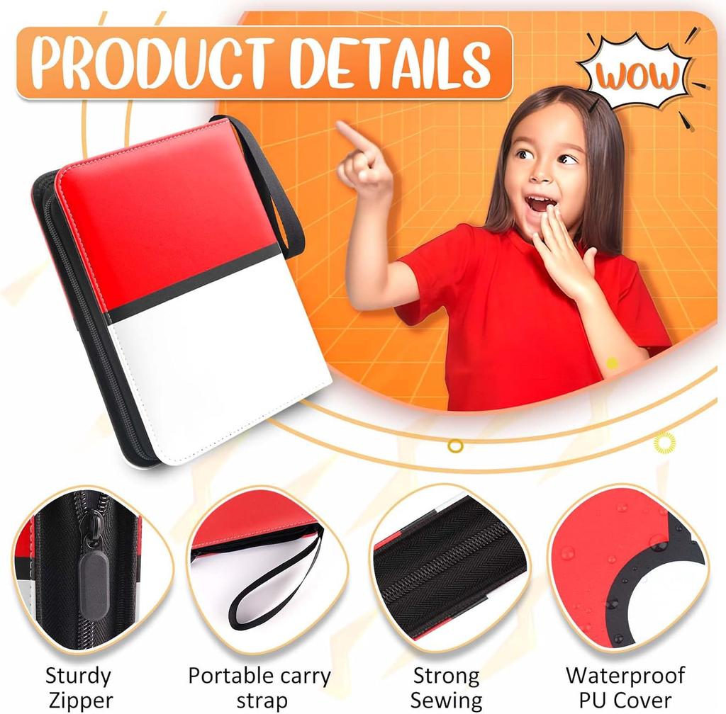 Card Binder 4 Pocket, Trading Card Holder Fits 400 Cards With 50 Removable Sleeves, Portable Collection Card Ablum, Game Card Case book With Zipper