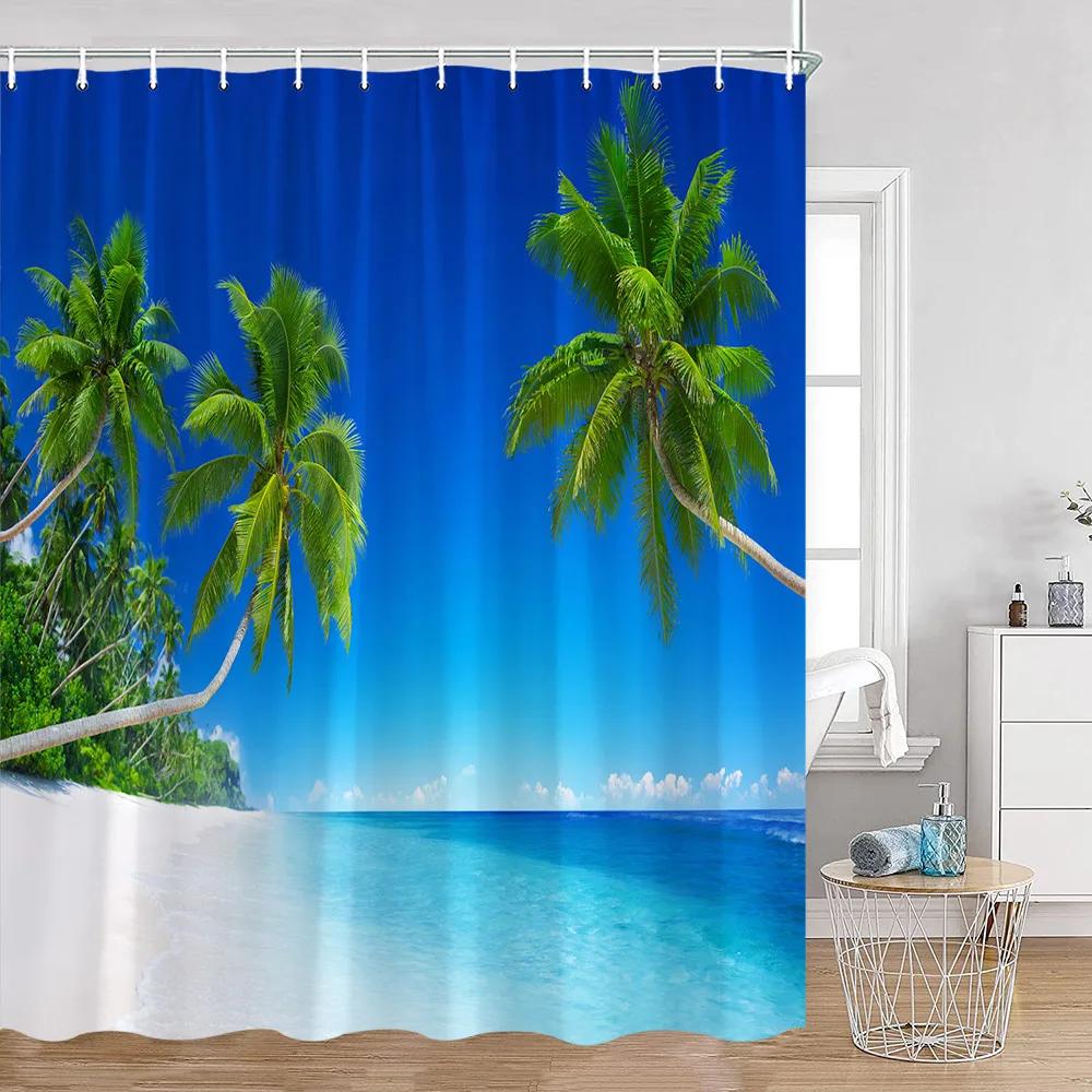 Seaside Beach Shower Curtains Summer Vacation Coconut Trees Seascape Sea Scenery Bathroom Decorations Polyester Bath Curtain