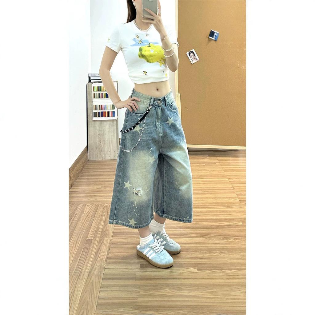 Women's High Waist Star Print Wide Leg Denim Culottes Vintage Washed Cropped Jeans
