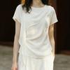 French crew neck short-sleeve T-shirt, summer new style, waist-cinching, minimalist, slimming, ribbon design, small shirt, white top