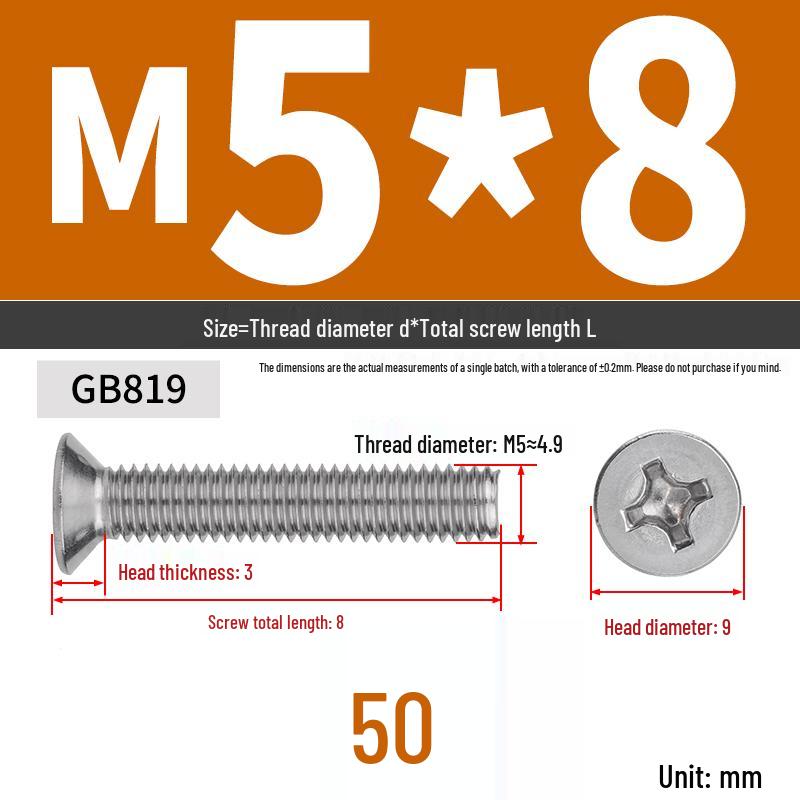 304 Stainless Steel Phillips Flat Head Countersunk Machine Screw (Sizes: M2, M3, M4, M5, M6, M8, M10)
