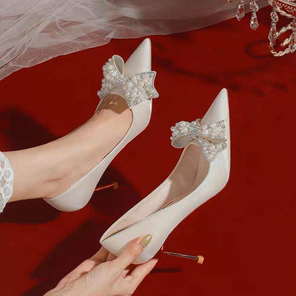 Pointed High Heels Wedding Shoes Women's 2025 New Xiuhe Wedding Dress Two Wear Bride Shoes Champagne Stiletto Bridesmaid Shoes Spring