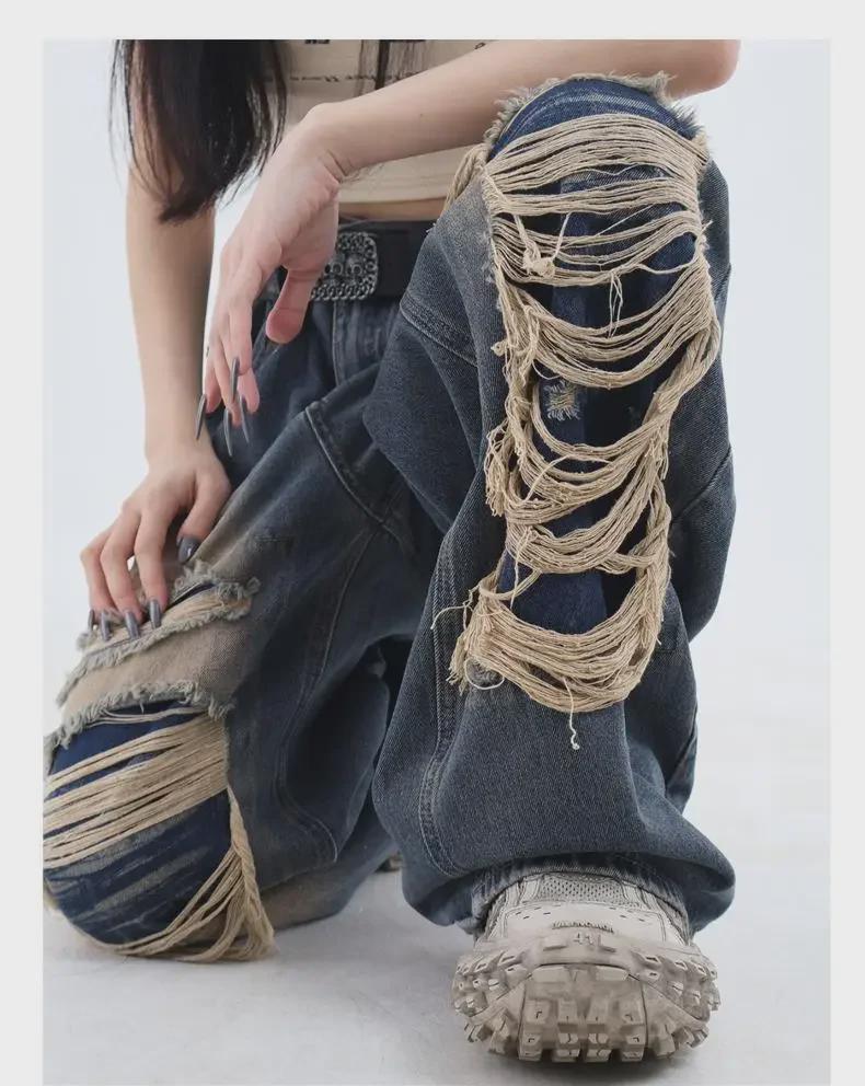 Summer Street Style Patchwork Hole Jeans for Men - Trendy Loose Fit Straight Pants
