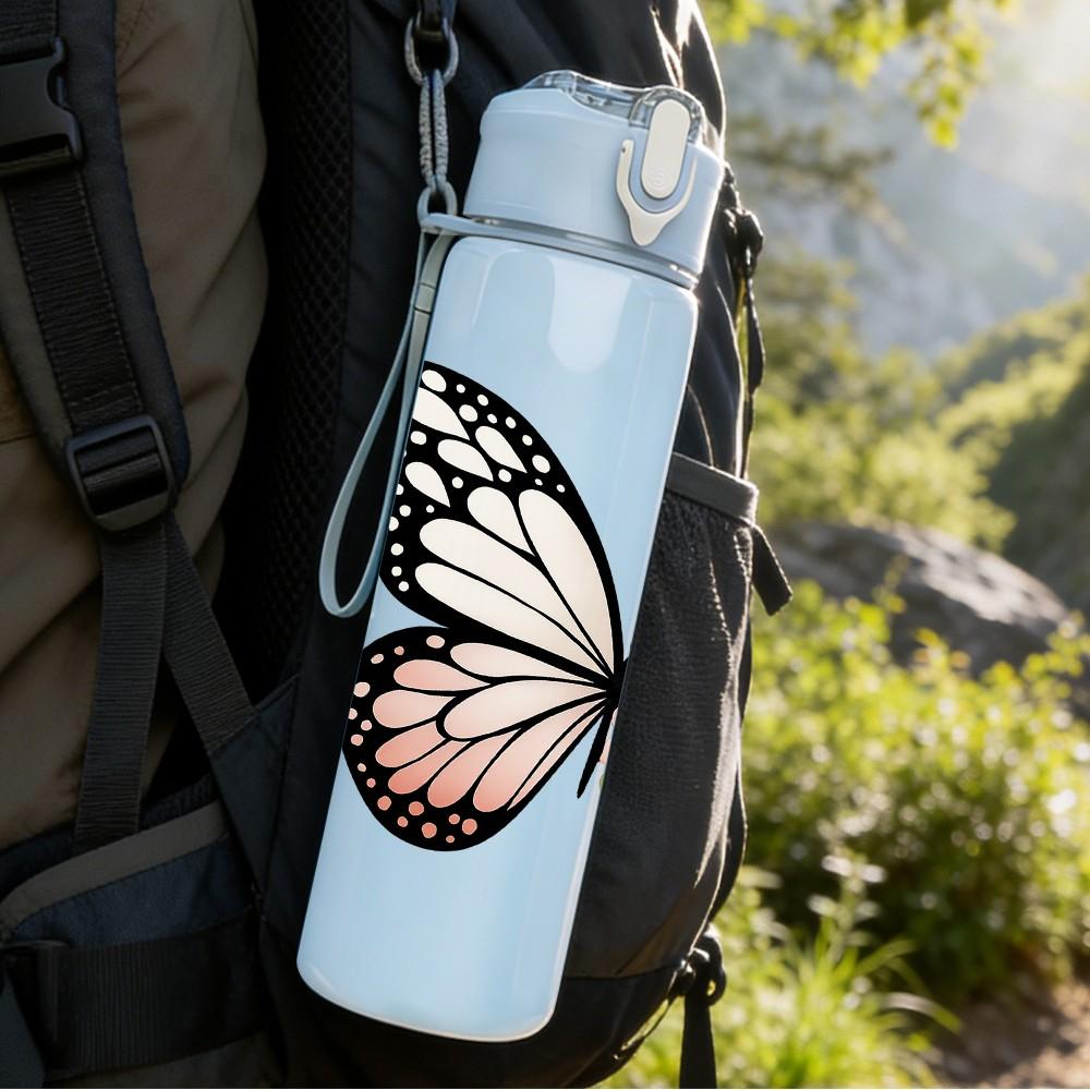 1PC Floral White Butterfly Print 750ml Color Plastic Sports Water Bottle Leakproof Flip Straw Lid Suitable for Sports Office Home Use