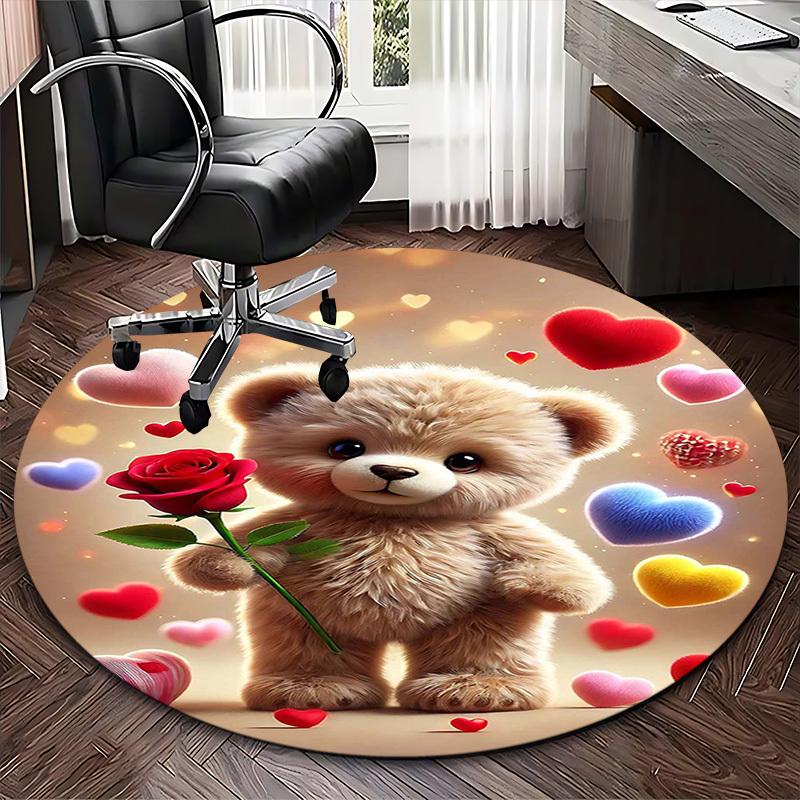 1pc Cute Teddy Bear with Rose Round Carpet - Anime Design, Valentine's Day Gift, Office Chair Mat, Non-Slip Rug for Home Decor, Suitable for All Seaso