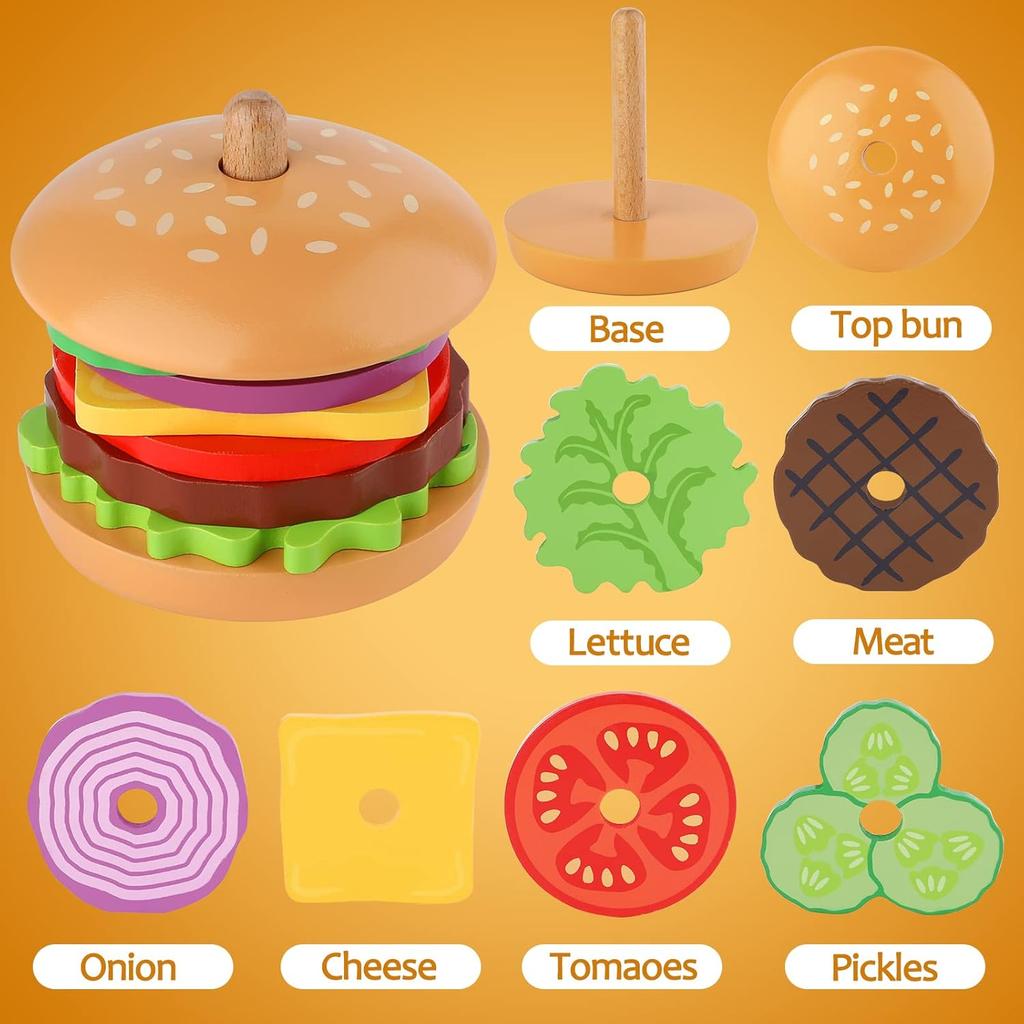 Aizweb Montessori Toys for 3 Year Old - Wooden Burger Stacking Toys for Toddlers and Kids Preschool, Educational Toys, Fine Motor Skill Toy, Blocks