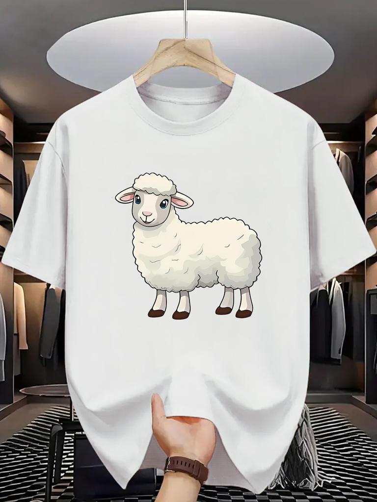 Cartoon Sheep Graphic T Shirt For Unisex Adorable Fluffy Lamb Crew Neck Tee Farm Animal Print Casual Male Daily Outfit Tops