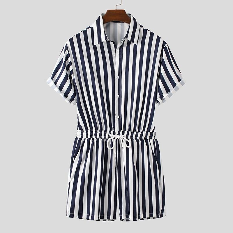 Men's Striped Romper Shorts Fashion Casual Playsuit Short Sleeve Button-down Shorts Lapel Jumpsuit Drawstring Streetwear XS-3XL
