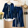 Women Plus Size Dark Blue Printed Two Piece Set Round Neck Half Sleeve High Low Top Wide Leg Pants