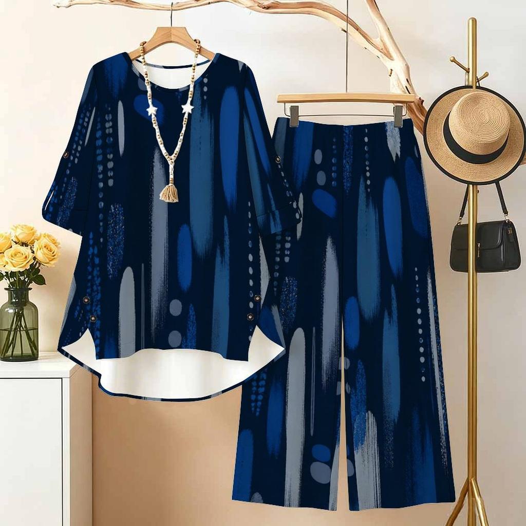 Women Plus Size Dark Blue Printed Two Piece Set Round Neck Half Sleeve High Low Top Wide Leg Pants