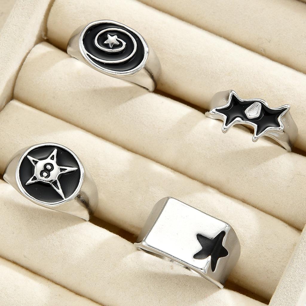 4 Pcs Punk Black Star Rings Set for Women Men Fashion HipHop Silver Color Geometric Thick Finger Ring Y2K Unisex Jewelry Gifts