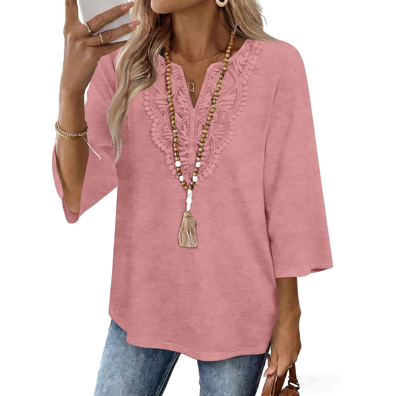 

Women V Neck Loose Fit Three Quarter Sleeve Top with Lace Splicing and Solid Pattern for Casual and Everyday Wear XL розовый