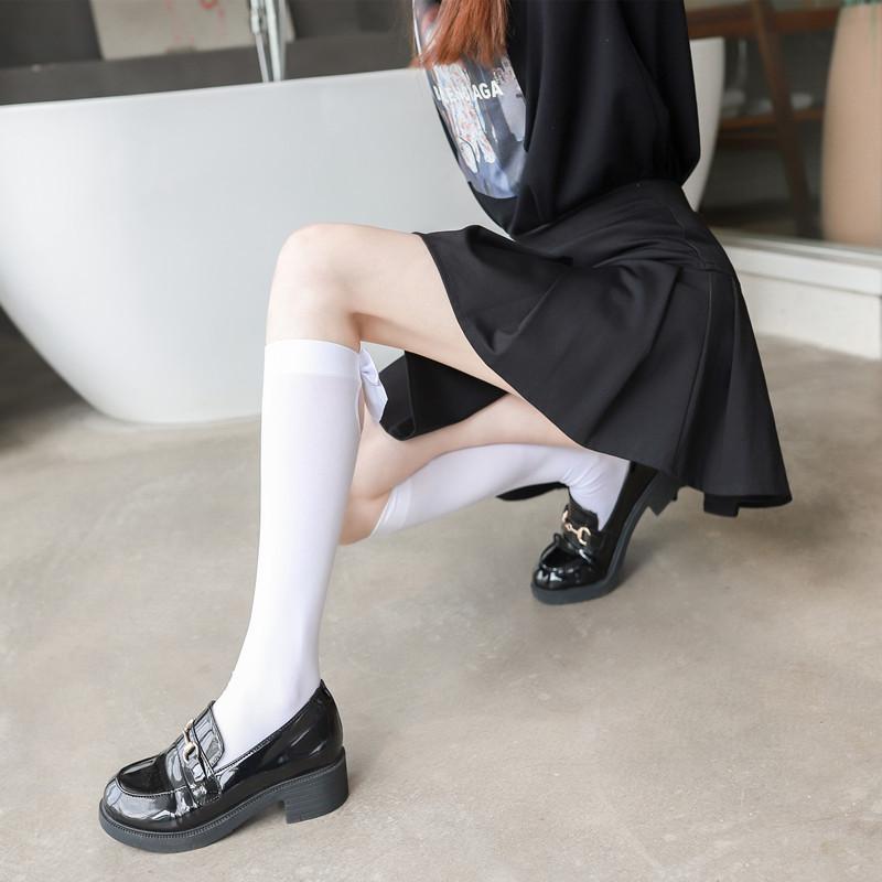 Japanese Velvet Calf Socks Girl'S Bow Mid-High Socks Cute Lolita Knee Socks Spring And Summer Black And White