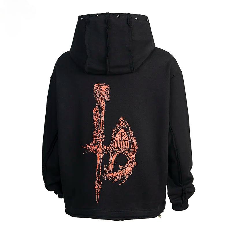 EastRogue Heavyweight Star Moon Dragon Bone Satan Devil Print Zipper Hooded Open-Front Sweatshirt Men's Jacket