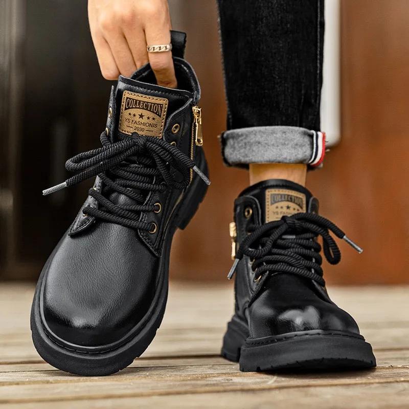 Fashion Men's Boots Fashion Motorcycle Boots High-top Casual Leather Boots for Men Plush Warm Winter Boot Non Slip Platform Boot Botas