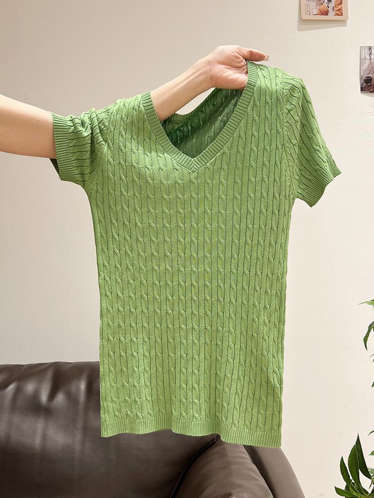 Summer new twist knitted sweater V-neck short-sleeved T-shirt women's slim and thin high-end versatile chic top
