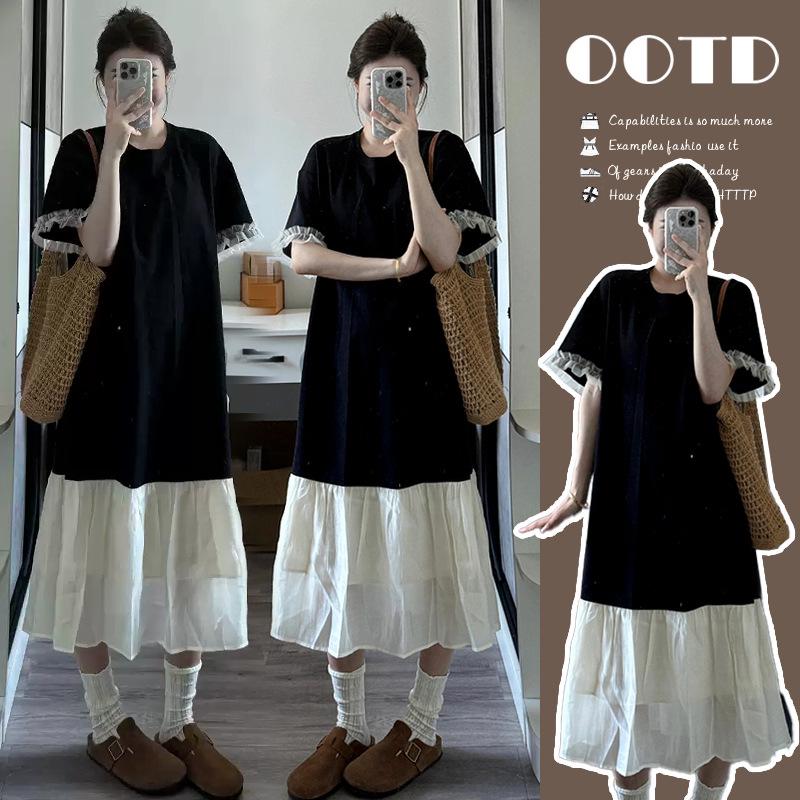 2026 Summer Maternity Plus Size Slimming Black Knit Dress Medium