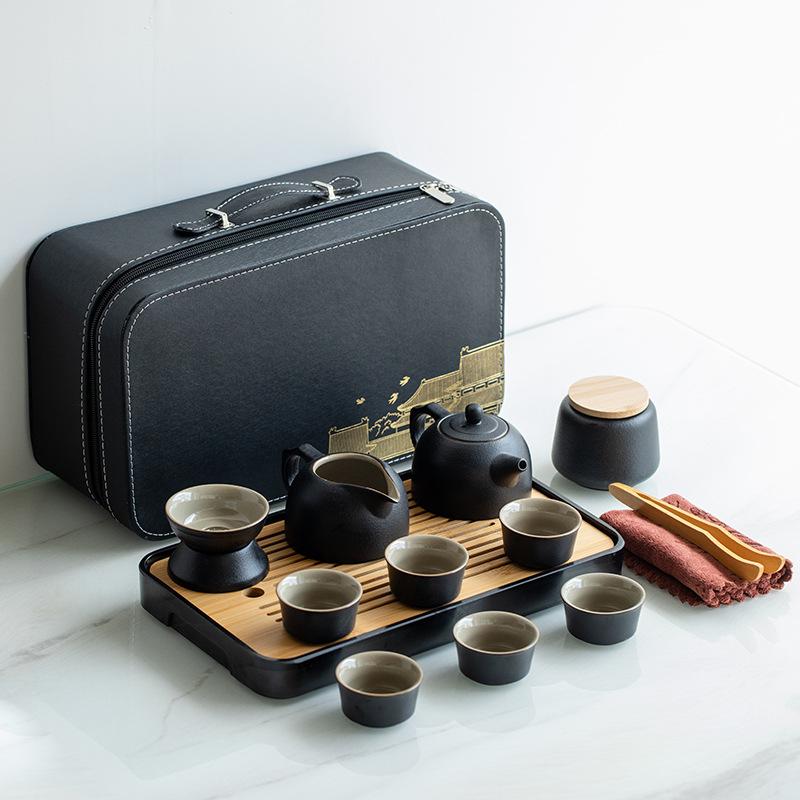 Japanese travel kung fu tea set small set household simple teapot ceramic teacup outdoor tea tray portable bag