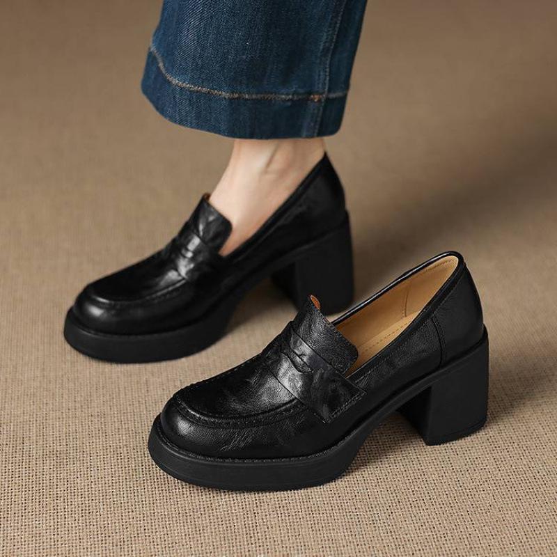 New high-heeled women's single shoes solid color sheepskin comfortable thick-soled non-slip low-top women's shoes large size four-season loafers